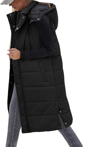 Tuopuda Chaleco Largo para Mujer de Capucha con Cremallera Chaleco Acolchado de Plumas Chaqueta de Invierno sin Mangas Abrigo de Cálidos on Bolsillos(Negro,S)