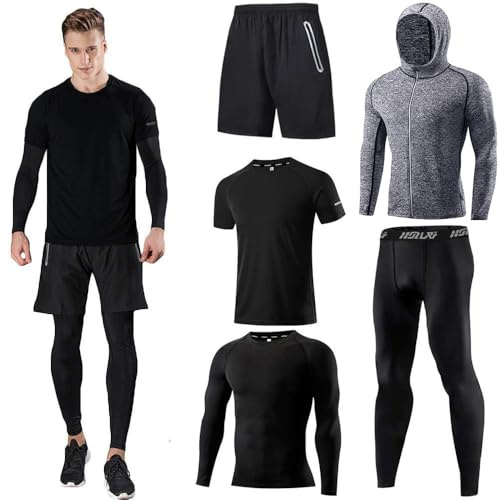 Holure herr sport löpningsset (paket med 4 eller 5) atletisk skjorta + kort/kompression tröja + byxor med kappa träningsoverall gym kostymer, 5-pack: svart, S