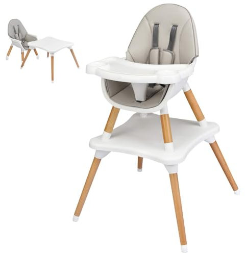 FANTASK 4-in-1 Babyhochstuhl, Hochstuhl & Essstuhl & Kinderstuhl & Kindersitzgruppe, Kinderhochstuhl höhenverstellbar, Babystuhl, Kombihochstuhl mit Sicherheitsgurt und abnehmbares Tablett (Grau)