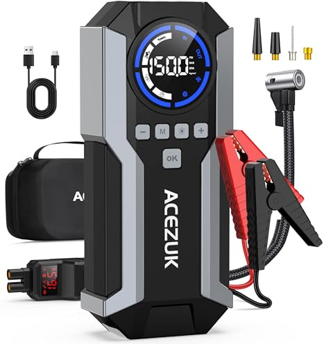 ACEZUK Avviatore Batteria Auto 6000A &150PSI, Compressore con Avviatore Emergenza per Auto/Moto 12V（Tutti Gas o 12L Diesel）Jump Starter 3.2 LCD/ 600LUMEN LED
