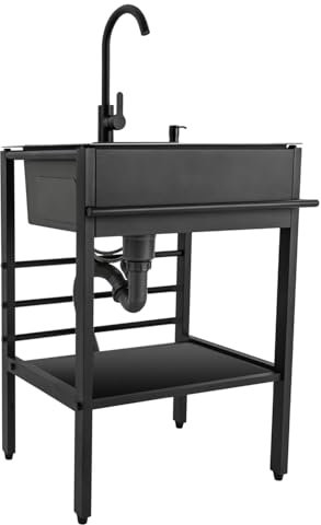 Évier Sur Pieds En Acier Inox avec Robinet D'eau Chaude Et Froide, Éviers De Cuisine 1 Bac avec étagères De Rangement, Évier Utilitaire Pour Restaurant, Bar, Buanderie, Garage80×45×86cm