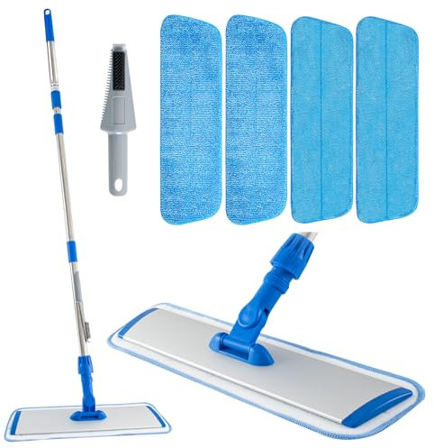 Balais Serpillères Humides et Secs Serpillières Plates avec Manche Réglable en 3 Sections pour Balai à Franges 4 Têtes de Recharge