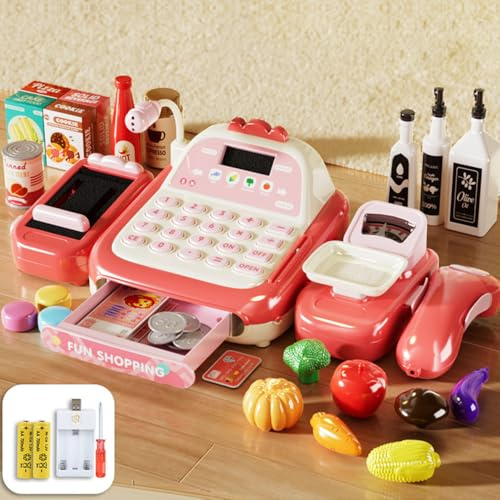 Toy Till Cash Register for Kids,52Pcs Mini Kids Shop Play Till, Play Till for Girls Boys, Pretend Role Play Money Food Learning Toys Gift