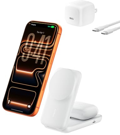 Belkin MagSafe Charger, Compatible 2-in-1 Charging Station, Qi2.2 25W Magnetic Wireless Charger iPhone, Foldable Stand, with 5W USB-C Port, for iPhone 17/16/15, Pixel 10, AirPods, 45W Adapter Included