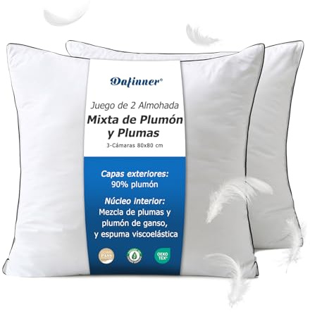 Dafinner 3 cámaras Almohada 60 × 60 cm-2 Unidades, 90% plumón cámaras ext. Mezcla Plumas INT., Oeko-Tex Downpass Soporte Medio Funda algodón orgánico