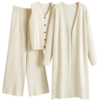 Vhersily Completo in Maglia Donna Elegante 3 Pezzi Lana Polsino Elastico Tute Maglione Maniche Lunghe e Pantalone Vita a Gamba Larga Tuta Autunnale Invernale Set Lavorati Larghi con Sciarpa Morbido