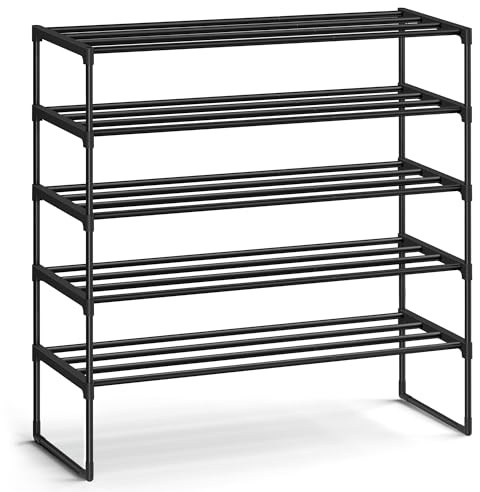 SONGMICS Shoe Rack, 5-Tier Shoe Organizer, Metal Storage Shelf, Upright or Upside Down, for 20-25 Pairs, Stackable, for Entryway, 11.8 x 36.2 x 35.4 Inches, Black ULSA305BH01