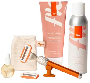 Fler Dream Team Set - Rasoio Donna, Supporto e 2 Lamette di Ricambio, Rasoi Unisex, Set con Mousse Depilazione, Olio Post Depilazione e Crema Corpo Lenitiva, Lametta con Aloe Vera (Arancio, 200ml)