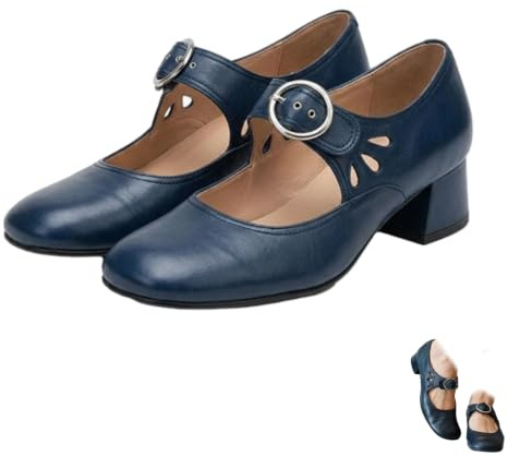 Dam Mary Jane tjocka klackskor vintage rund tå lågklackade pumpar, BLÅ, 39.5 EU | Retro stängd tå pumps utskuren rem, låg blockklack och bekväm passform för kontor, bröllop, fest och avslappnad stil