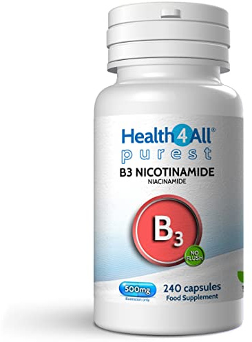 Health4All Vitamin B3 Niacin as Nicotinamide (Niacinamide) 500mg 240 Capsules, Purest, No Additives, Vegan, Gluten Free No-Flush Niacin VitB3 Capsules | Made in UK