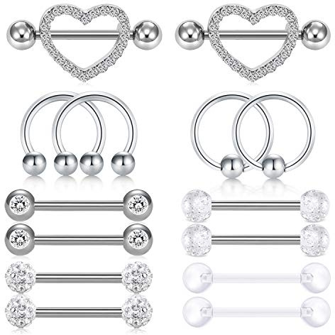 Rajnard Piercing el pezón Anillos 14G Acero quirúrgico en Forma de corazón Plata Barras para pezones Piercing Joyería 14 Piezas