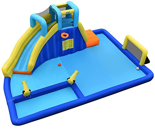 RELAX4LIFE Castello Gonfiabile, 526x373x205CM, con Piscina con 2 Cannoni ad Acqua, Scivolo, Parete da Arrampicata, Porta da Calcio, Canestro, Pallacanestro e Calcio (Senza soffiatore)