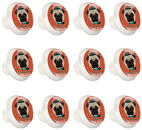 12 Pack Drawer Knobs, Hipster Pug Dog with Hat Smoking, Kitchen Cabinet Cupboard Door Decorative Furniture
