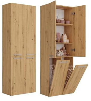VBChome Hochschrank 60 x 30 x 174 cm Artisan Standschrank 4 Türen 3 Fächer 2 Badezimmerkorb Wäschekorb Badschrank Badmöbel Standschrank Badezimmerschrank Badregal Artisan