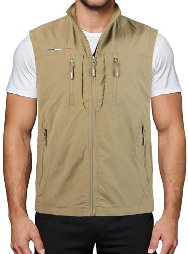 Harbrosrce Hombre Chaleco de Pesca con Cuello Alto Chaleco de Trabajo Múltiples Bolsillos Aire Libre Deportes Chaquetas sin Mangas Secado Rápido Chalecos para Fotografía Caza