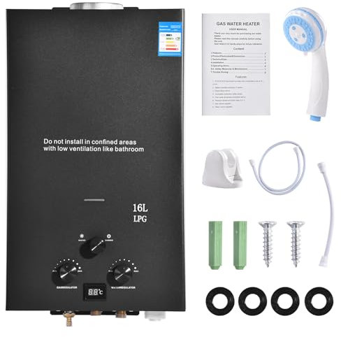 Calentador de Agua de Gas Propano GPL 16L, Calentador de Agua Instantáneo Sin Tanque 32kw con Kit de Ducha, Quemador de Caldera para Acampar, Rv, Casa (Negro)