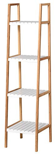 kleankin Scaffale da Bagno a Scaletta con 4 Ripiani, Scaffalatura Portaoggetti in Legno di Pino e Bambù, 35x36x138.5 cm, Bianco e Legno