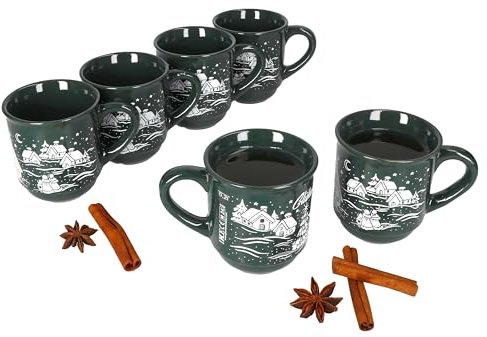 MamboCat Lot de 6 tasses à vin chaud 0,2 l - Vert - Paysage de Noël - En céramique classique - Calibré - Idéal pour le marché de Noël