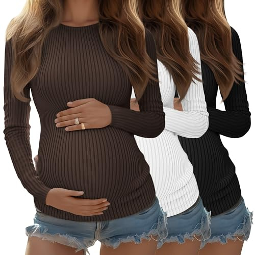 Riyiper Confezione da 3 Magliette Premaman da Donna, Maniche Lunghe, in Maglia a Coste, Tuniche in Cotone, Top Autunnali(Marrone, Bianco, Nero,L)
