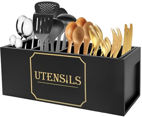 TNTGMG Porte-ustensiles de cuisine, en bois, avec 4 compartiments, 40 × 13 × 15,5 cm, rectangulaire, grand organisateur pour plan de travail, décoration de cuisine