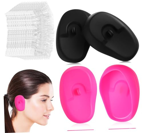 BAZEITFLOW Silicone Ear Protectors for Hairdressing 2 Pairs (black Fuchsia) 100 Disposable Shower Caps Waterproof Ear Covers for Hair Dye Bathing