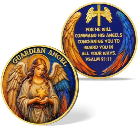 BraveBloom Guardian Angel Christian Challenge Coin – Psalm 91:11 Prayer Medallion | “for He Will Command His Angels” Faith Token | Religious & Inspirational Gift for Men & Women
