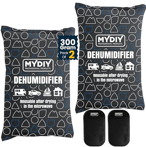 MY DIY Reusable Car Dehumidifier Bag 300g with Non-Slip Dashboard Mat – 2 Pack Portable Dehumidifier for Car Reduces Condensation – Portable Moisture Absorber for Cars, Caravans, Boats & Home