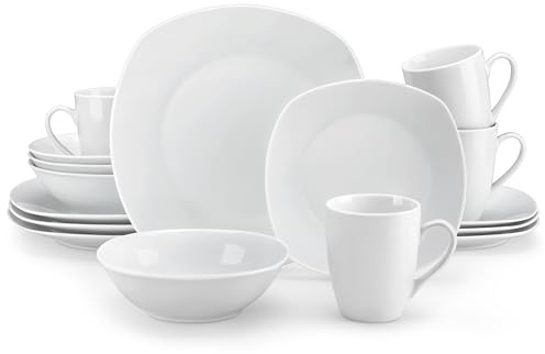 MALACASA 16-Piece Porcelain Dinner Set for 4, Scratch-Resistant Ivory White Plates and Bowls Set with Dinner Plates, Salad Plates, Soup Bowls & Mugs, Dishwasher & Microwave Safe, Elisa Series