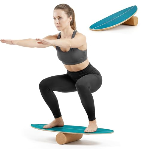 KOMFOTTEU Balansbräda med korkrolle och hållare, balansbräda av björkträ, balansbräda för inomhusträning, surfing, skridskoåkning, vingbräda, trickboard, max,150 kg lastkapacitet (marinblå)