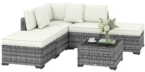 Outsunny Set Salotto da Giardino in Rattan 6 Pezzi, Set di Mobili da Giardino ad L con Divani senza Braccioli, Sedia Angolare, Poggiapiedi, Cuscini, Tavolino, Salottino da Esterno Patio, Grigio Misto
