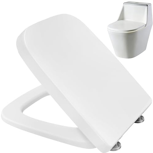 MINGZE Tapa y Asiento Fijo Inodoro, Asiento De Inodoro Cuadrado, Caída Amortiguada/Cierre Ultra Silencioso, Antibacteriana y No Amarillea, Tapa De Inodoro, Rápida Instalación Retirada, Fácil Limpiez
