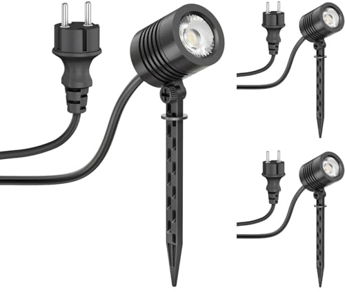 ledscom.de 3x Liten LED-trädgårdsstrålkastare med jordspett TARL för utomhusbruk, IP65, stickpropp, svart, 4,1 W, 351lm, kallvit