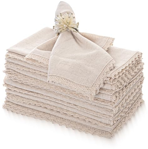 FINGERCRAFT Dinner Cloth Napkin Cotton Linen 12 Pack Vintage Rustic Premium Quality Mitered Corners Napkin Cloth with Elegant Lace for Everyday Use, Pre Shrunk and Good Absorbency 20x20 in Ivory