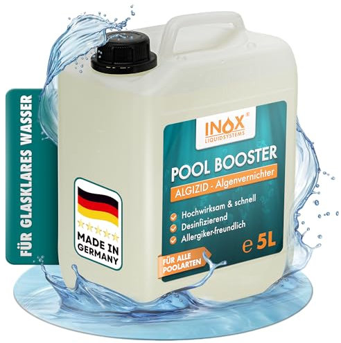INOX® Pool Booster 5L – Hochwirksames Algizid für Pool | Flüssiger Algenvernichter mit Klareffekt | Desinfizierendes Pool Reinigungsmittel gegen Algen, Bakterien & Keime