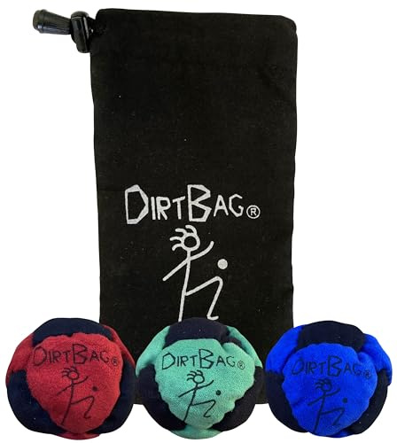 Dirtbag Classic Footbag Hacky Sack 3 Pack with Pouch, Unique, Footbag Set with Signature Carry Bag - Red/Green/Blue with Black Pouch.
