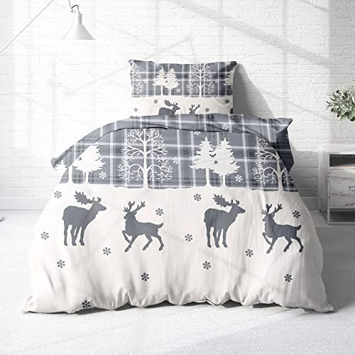 Träumschön Biber Bettwäsche Set 2tlg 135x200 cm + 80x80 cm – Flauschige Winterbettwäsche Grau – Weiche Winterbettwäsche mit Rentieren - Atmungsaktiv, Warm & Hautfreundlich - 100% Baumwolle