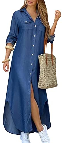 YMING Femmes Robe Chemisier à Manches Longues Robes Chemise en Jean Boutonné Hauts en Coton Chambray Niuzai S