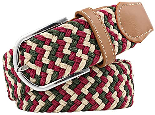 JK Home 3,3 cm breiter, geflochtener Stretch-Gürtel, 3 Größen, elastisch, gewebter Taillengürtel mit PU-Leder-Schnalle, lässiger Herren- und Frauen-Canvas-Gürtel, Rot, Grün, Beige., 115 cm