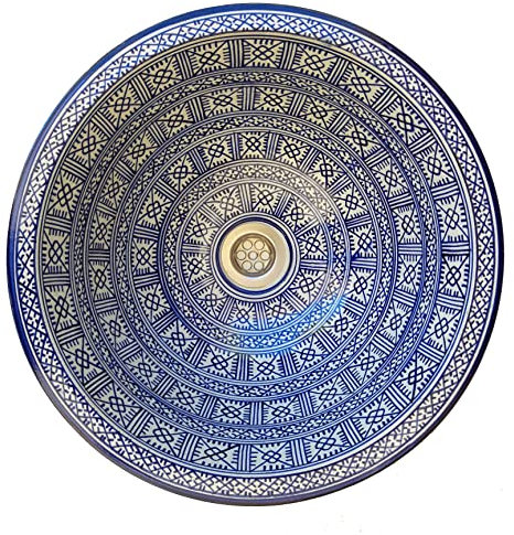 Lavabo de cerámica redondo marroquí para empotrar o colocar 35 cm fregadero de mano lavabo cuarto de baño V42