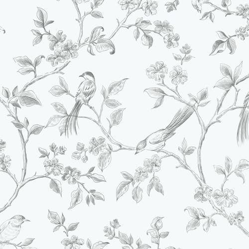 Yomshi Bosquejo Papel Pintado Autoadhesivo Pájaros Flores Papel Pintado Blanco Película Adhesivo Muebles Vinilo Impermeable Película para Muebles 41 cm x 3 M Papel Pintado de Pared para Dormitorio