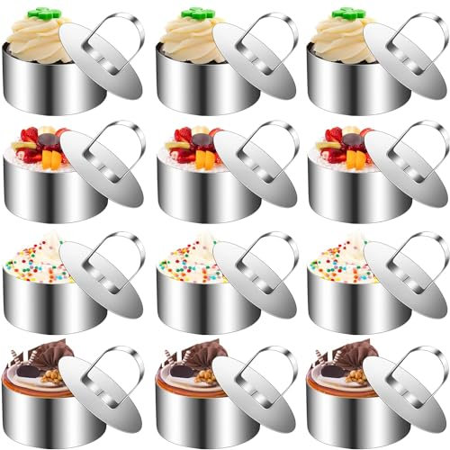 Bhina 12 Pezzi Anelli per Torte Mousse Anelli in Acciaio Inox Anelli Torta 8 cm di Diametro Tondi Stampo Dolci Anelli Dessert Stampi in Acciaio Inox con Coperchio DIY Stampo per Pasticceria Dessert