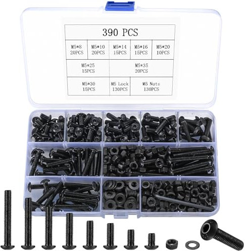 390 Stück M5 Schrauben Set, Innensechskantschrauben Muttern Set, Linsenkopf Sechskantschrauben mit Muttern und Unterlegscheiben Set, Gewindeschrauben Fahrrad Maschinenschrauben Sortiment Set
