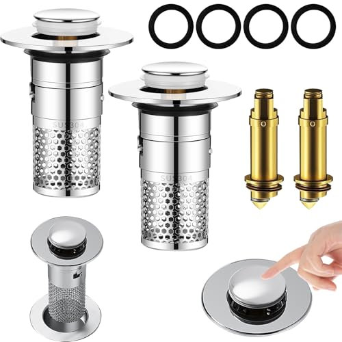 2 Stück Waschbeckenstöpsel(34-40mm), Pop up Waschbeckenstöpsel, Abflussstopfen Waschbecken mit Haarsieb, Universelles Geruchsbeständiger Abflussstöpsel für Waschbecken Bad Küchenspülen Silber