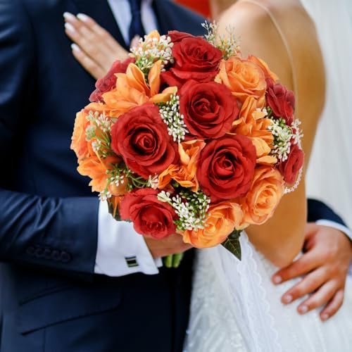 M METERXITY Wedding Bouquets for Bride, Artificial Flower Bouquet for Wedding Bridal Bouquets for Bride/Bridesmaid, Bouquets with Silk Ribbon [Red]