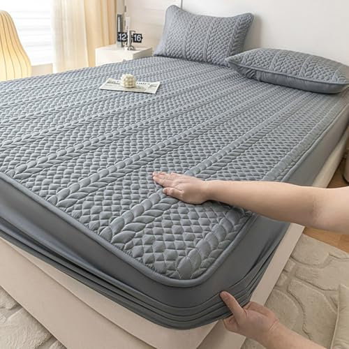 Lirzxin Boxspringbett Spannbettlaken 90x200x30 cm, Spannbetttuch Gewaschene Baumwolle Einfarbig mit Weizen Struktur Spannbettlaken Einzelbett und 1 Kissenbezüge, Dunkelgrau