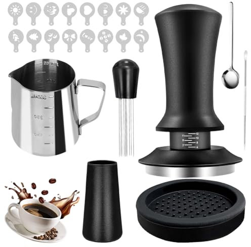 Fouvin Set di 22 tamper per caffè, barista con tamper espresso, 51 mm, tappetino per espresso, mescolatore per caffè, cucchiaio per mescolare, brocca in acciaio inox 304, penna per latte e stencil