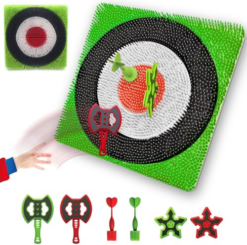 Axe Throwing Target Set for Backyard - Plastic Throwing Axes Game for Adults Kids - Bristle Target Wall-mounted, 2 Throwing Axes, 2 Ninja Stars, 2 Darts Includes - Indoor Outdoor, Yard Carnival Games