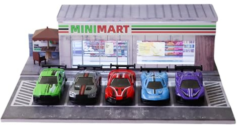 ZAWALUD Diorama 1/64 Garage, Vitrina de Exhibición para Autos de Juguete 1/64, Tema Mini Mart Art Deco, Garaje con Luces LED y 5 Espacios de Estacionamiento
