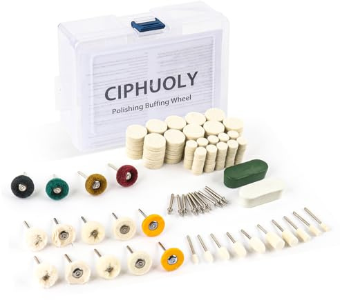 Ciphuoly Juego de Discos de Pulido de Fieltro de Lana para Dremel, 132 Piezas Accesorios de Pulido con Vástago 3mm (1/8”), 2 Pastas de Pulir y Caja de Almacenamiento, Para Metal, Joyas, Bicicleta