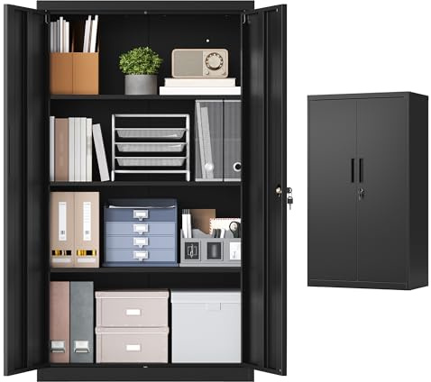 SONGMICS Armario Archivador, Armario Metálico, Mueble de Oficina con Cerradura, 2 Puertas, Acero, 80 x 40 x 140 cm, 3 Baldas Ajustables, Negro Mate OMC020BD01